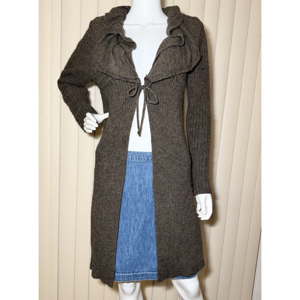 Berretti Cardigan Sweater M Mohair Wool Made Italy Long Ruffle Tie Front Brown
